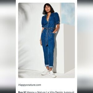 Happy X Nature Kate Hudson La Vite Blue Denim Chambray Puff Sleeve Jumpsuit NEW